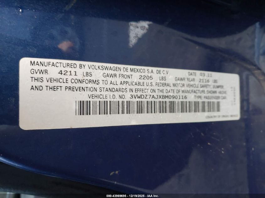 2011 Volkswagen Jetta 2.5L Se VIN: 3VWDZ7AJXBM090116 Lot: 43969695