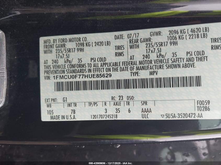 2017 Ford Escape S VIN: 1FMCU0F77HUE85629 Lot: 43969696