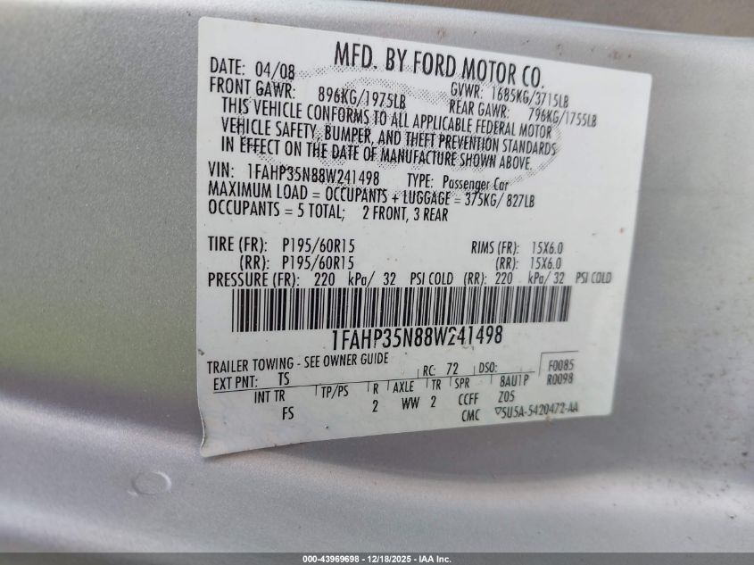 2008 Ford Focus Se/Ses VIN: 1FAHP35N88W241498 Lot: 43969698