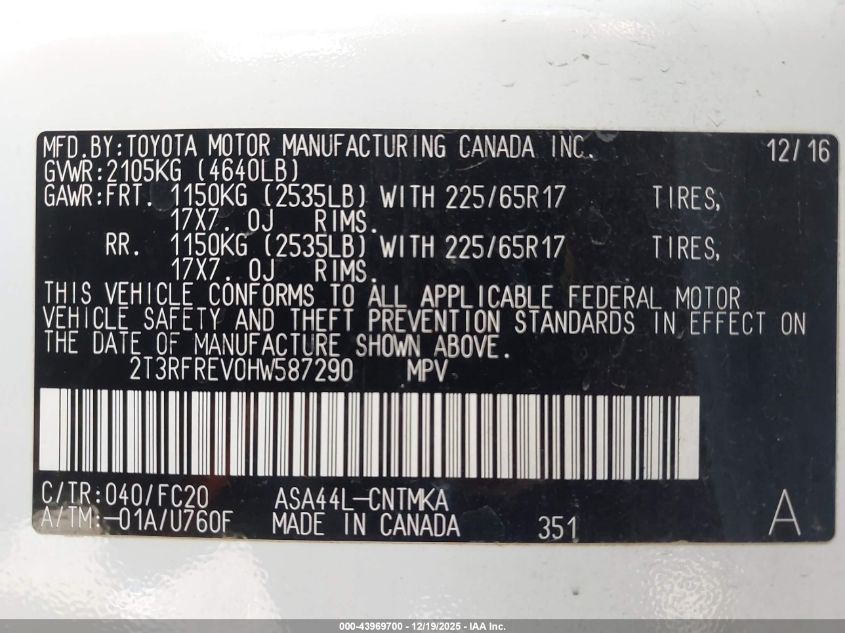 2017 Toyota Rav4 Xle VIN: 2T3RFREV0HW587290 Lot: 43969700