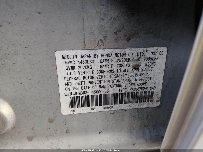 2005 Honda Accord Hybrid Ima VIN: JHMCN36545C009551 Lot: 43969711