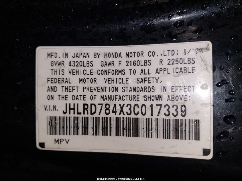2003 Honda Cr-V Lx VIN: JHLRD784X3C017339 Lot: 43969720