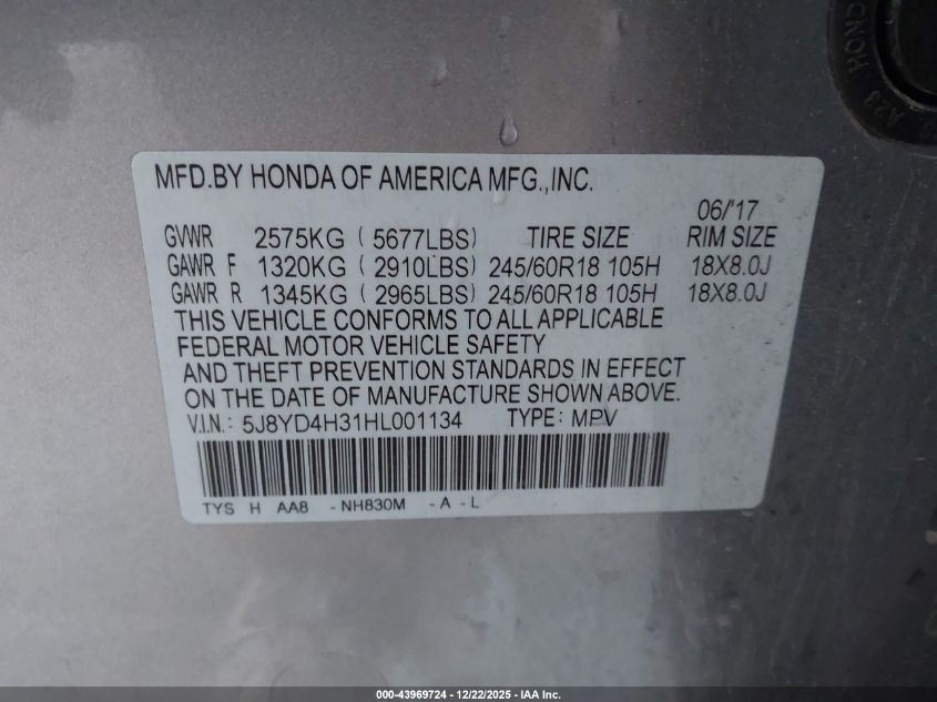 2017 Acura Mdx VIN: 5J8YD4H31HL001134 Lot: 43969724