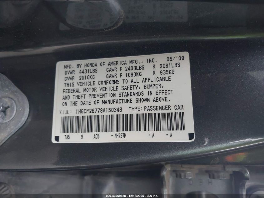 2009 Honda Accord 2.4 Ex VIN: 1HGCP26779A150348 Lot: 43969728