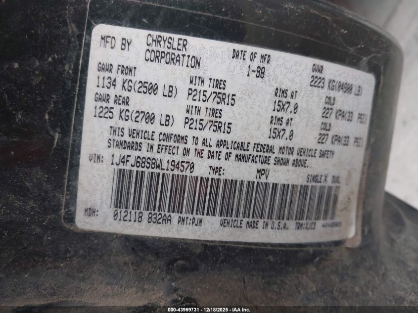 1998 Jeep Cherokee Classic/Sport VIN: 1J4FJ68S8WL194570 Lot: 43969731