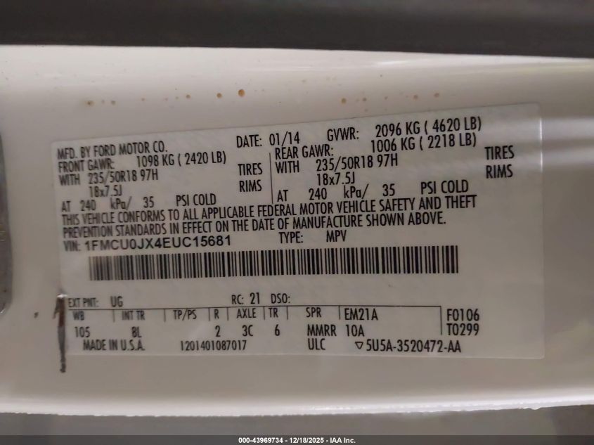 2014 Ford Escape Titanium VIN: 1FMCU0JX4EUC15681 Lot: 43969734