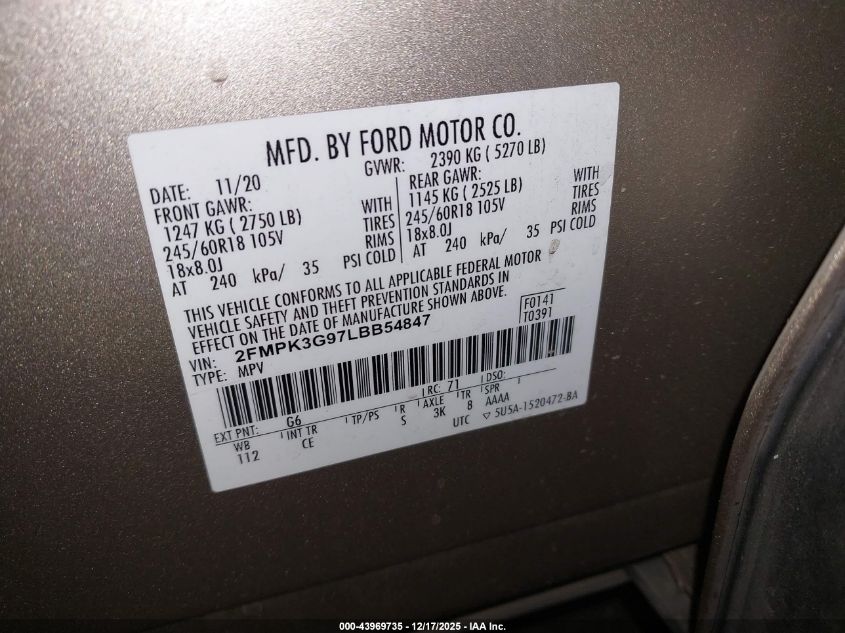 2020 Ford Edge Se VIN: 2FMPK3G97LBB54847 Lot: 43969735