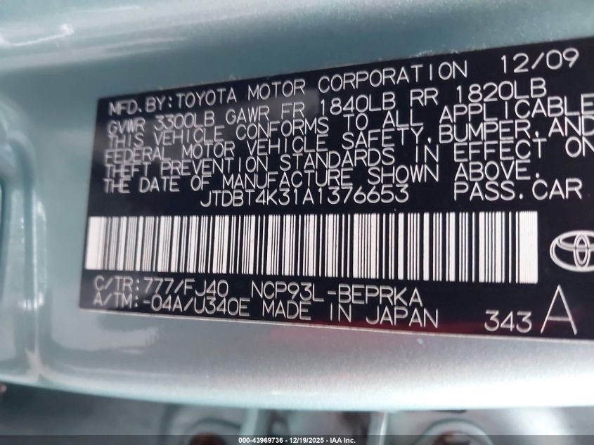 2010 Toyota Yaris VIN: JTDBT4K31A1376653 Lot: 43969736