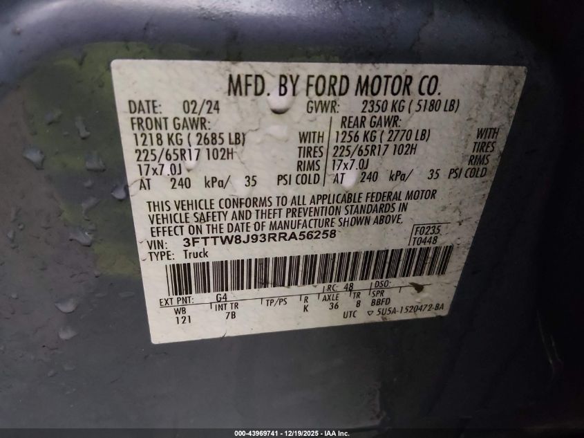 2024 Ford Maverick Xlt VIN: 3FTTW8J93RRA56258 Lot: 43969741