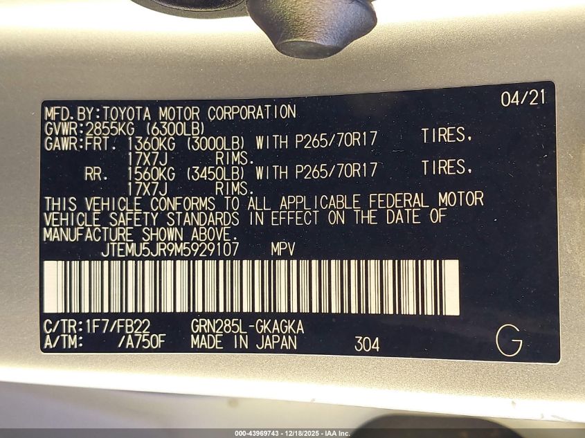 2021 Toyota 4Runner Sr5 VIN: JTEMU5JR9M5929107 Lot: 43969743