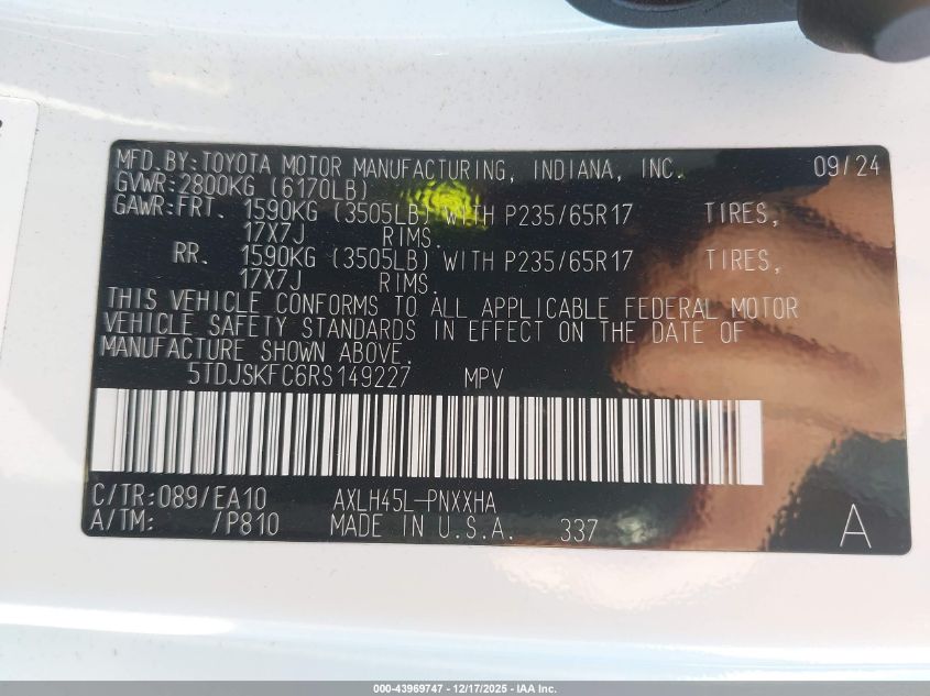 2024 Toyota Sienna Xle VIN: 5TDJSKFC6RS149227 Lot: 43969747