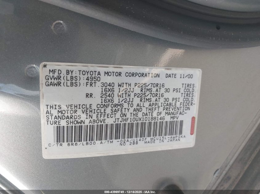 2001 Lexus Rx 300 VIN: JTJHF10UX10188146 Lot: 43969749