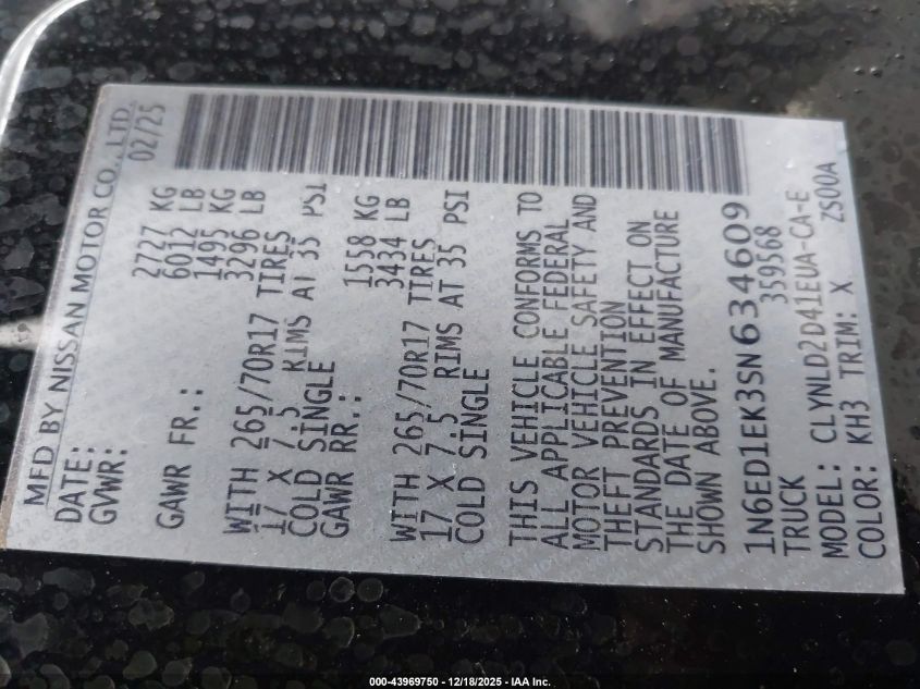 2025 Nissan Frontier Pro-4X 4X4 VIN: 1N6ED1EK3SN634609 Lot: 43969750