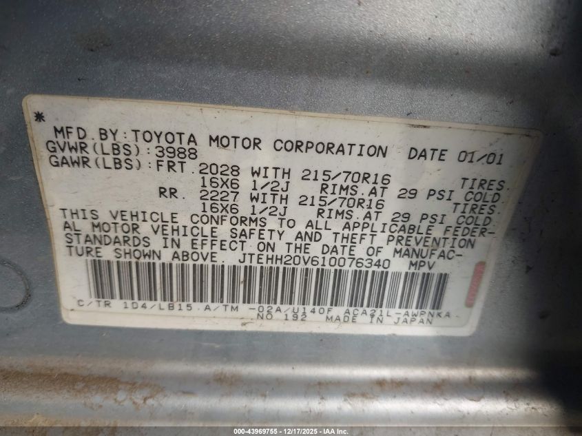 2001 Toyota Rav4 VIN: JTEHH20V610076340 Lot: 43969755