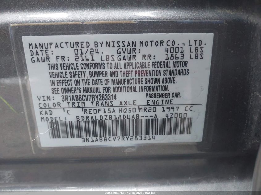 2024 Nissan Sentra Sv Xtronic Cvt VIN: 3N1AB8CV7RY283314 Lot: 43969756