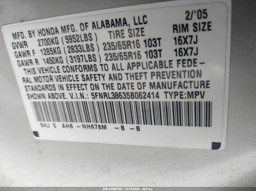 2005 Honda Odyssey Ex-L VIN: 5FNRL38635B062414 Lot: 43969758