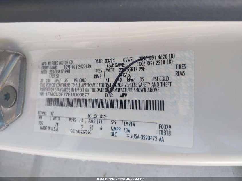 2014 Ford Escape S VIN: 1FMCU0F77EUD00877 Lot: 43969766