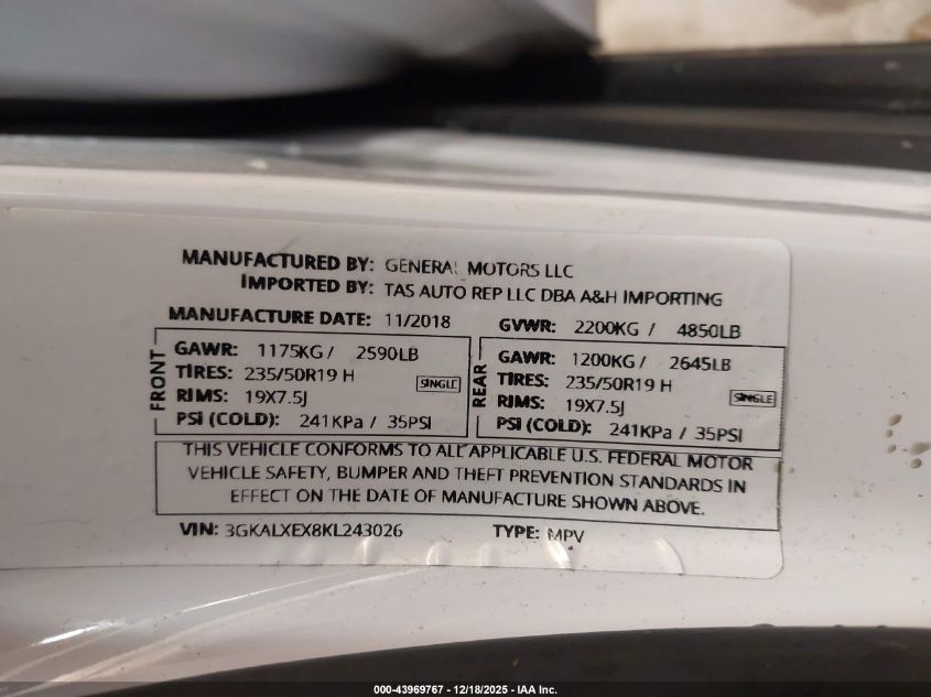 2019 GMC Terrain Denali VIN: 3GKALXEX8KL243026 Lot: 43969767