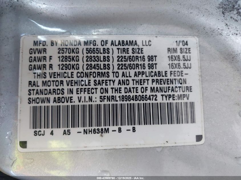 2004 Honda Odyssey Ex-L VIN: 5FNRL18984B066472 Lot: 43969768