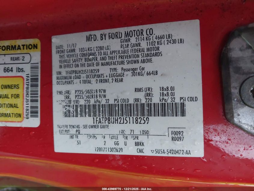 2018 Ford Mustang Ecoboost Premium VIN: 1FATP8UH2J5118259 Lot: 43969770