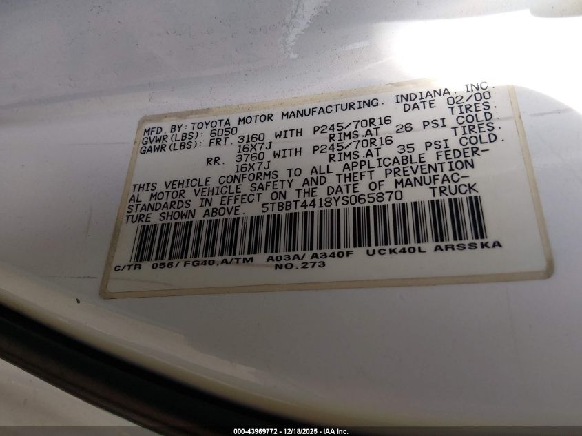 2000 Toyota Tundra Sr5 V8 VIN: 5TBBT4418YS065870 Lot: 43969772
