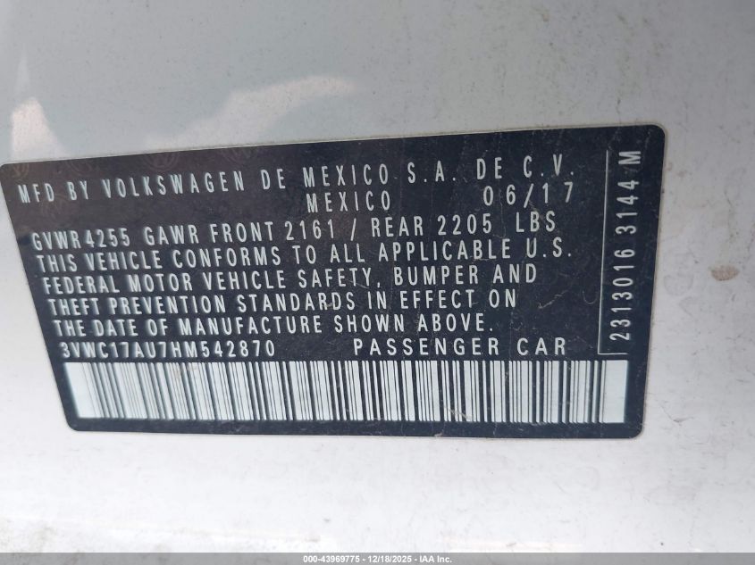 2017 Volkswagen Golf Sportwagen Tsi S/Tsi Se/Tsi Sel VIN: 3VWC17AU7HM542870 Lot: 43969775