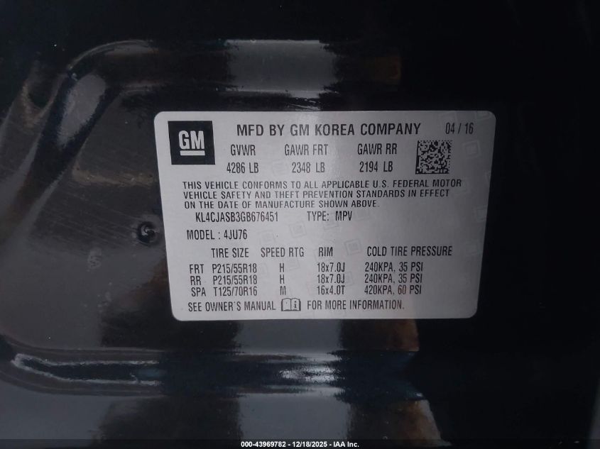 2016 Buick Encore VIN: KL4CJASB3GB676451 Lot: 43969782