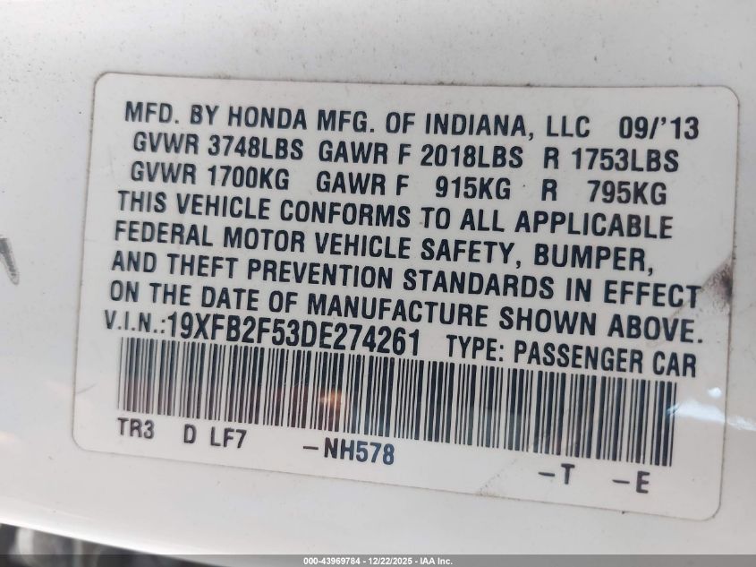 2013 Honda Civic Lx VIN: 19XFB2F53DE274261 Lot: 43969784