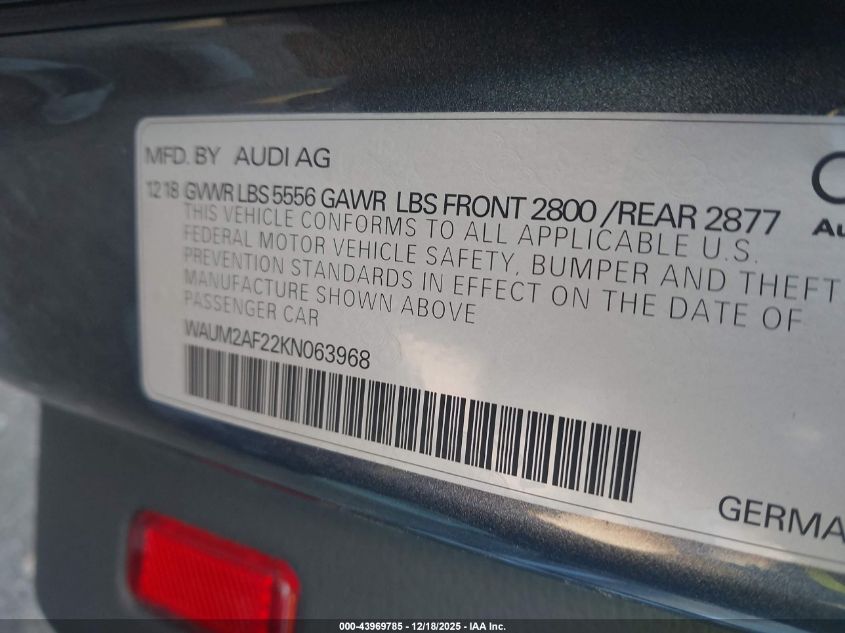 2019 Audi A6 55 Premium VIN: WAUM2AF22KN063968 Lot: 43969785