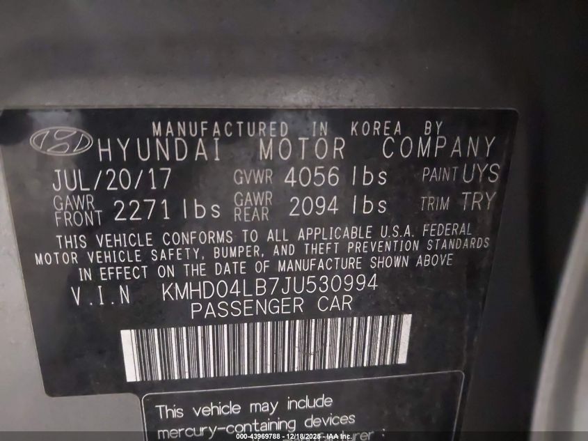 2018 Hyundai Elantra Sport VIN: KMHD04LB7JU530994 Lot: 43969788