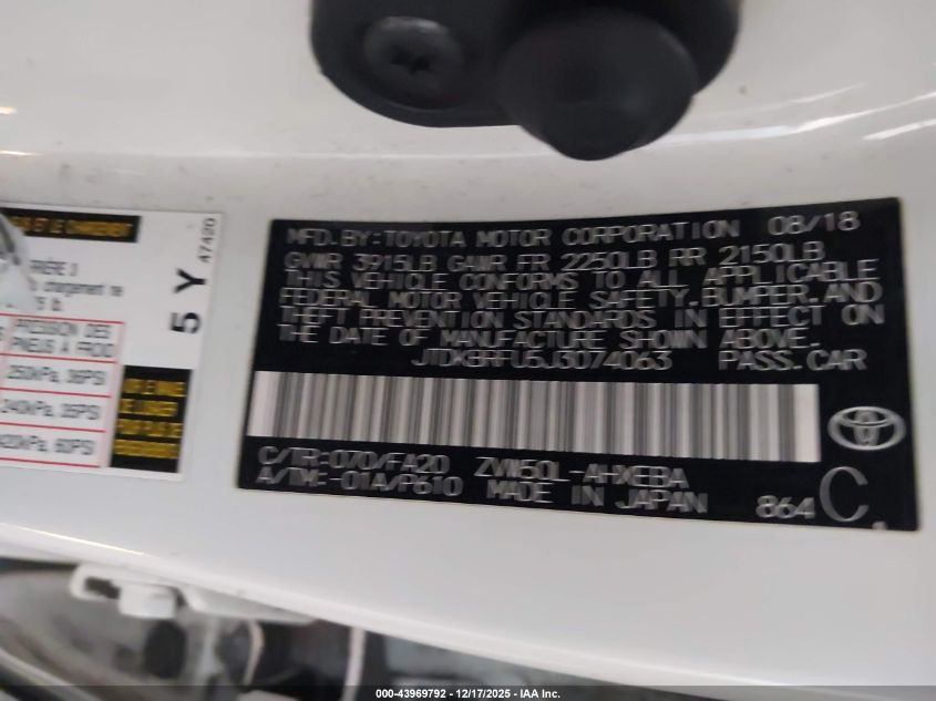 2018 Toyota Prius Two VIN: JTDKBRFU5J3074063 Lot: 43969792