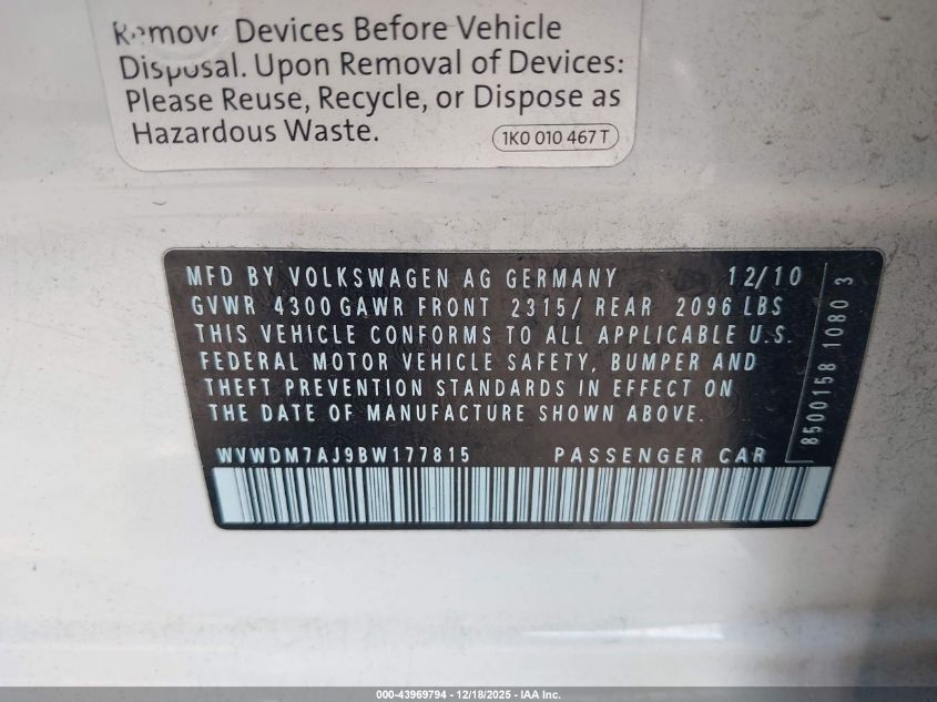2011 Volkswagen Golf Tdi 4-Door VIN: WVWDM7AJ9BW177815 Lot: 43969794