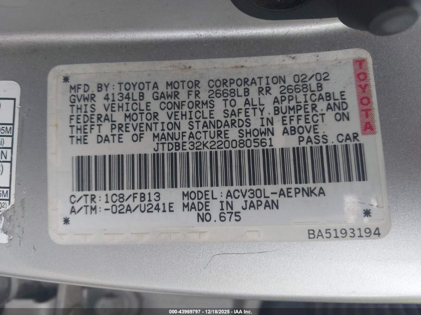 2002 Toyota Camry Le VIN: JTDBE32K220080561 Lot: 43969797