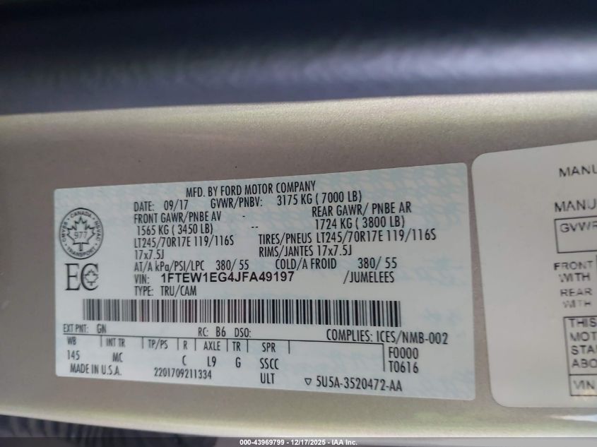 2018 Ford F-150 Xlt VIN: 1FTEW1EG4JFA49197 Lot: 43969799