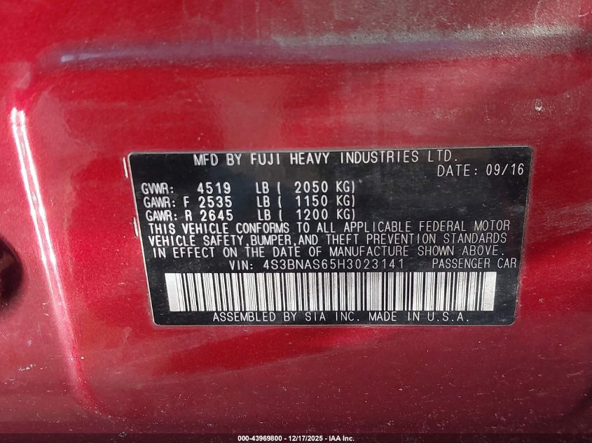 2017 Subaru Legacy 2.5I Sport VIN: 4S3BNAS65H3023141 Lot: 43969800