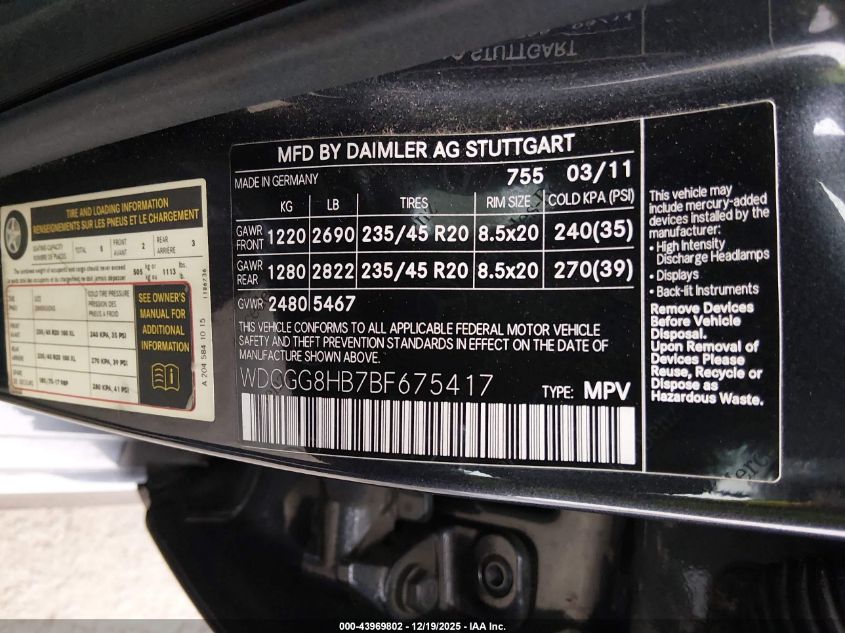 2011 Mercedes-Benz Glk 350 4Matic VIN: WDCGG8HB7BF675417 Lot: 43969802