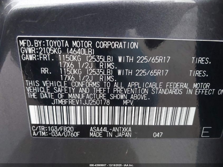 2018 Toyota Rav4 Le VIN: JTMBFREV1JJ250178 Lot: 43969807