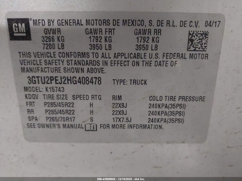 2017 GMC Sierra 1500 Denali VIN: 3GTU2PEJ2HG408478 Lot: 43969808