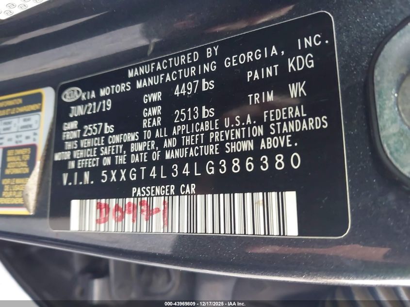 2020 Kia Optima Lx VIN: 5XXGT4L34LG386380 Lot: 43969809