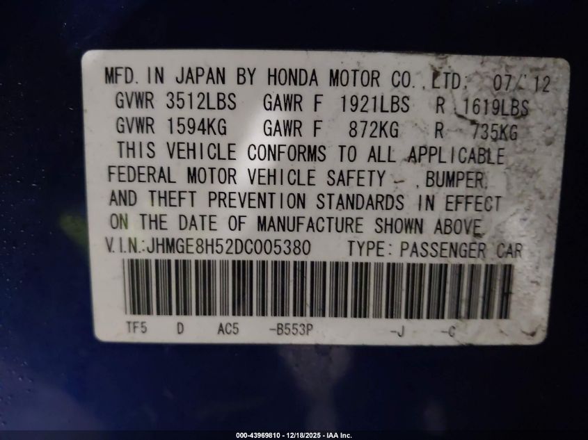 2013 Honda Fit Sport VIN: JHMGE8H52DC005380 Lot: 43969810