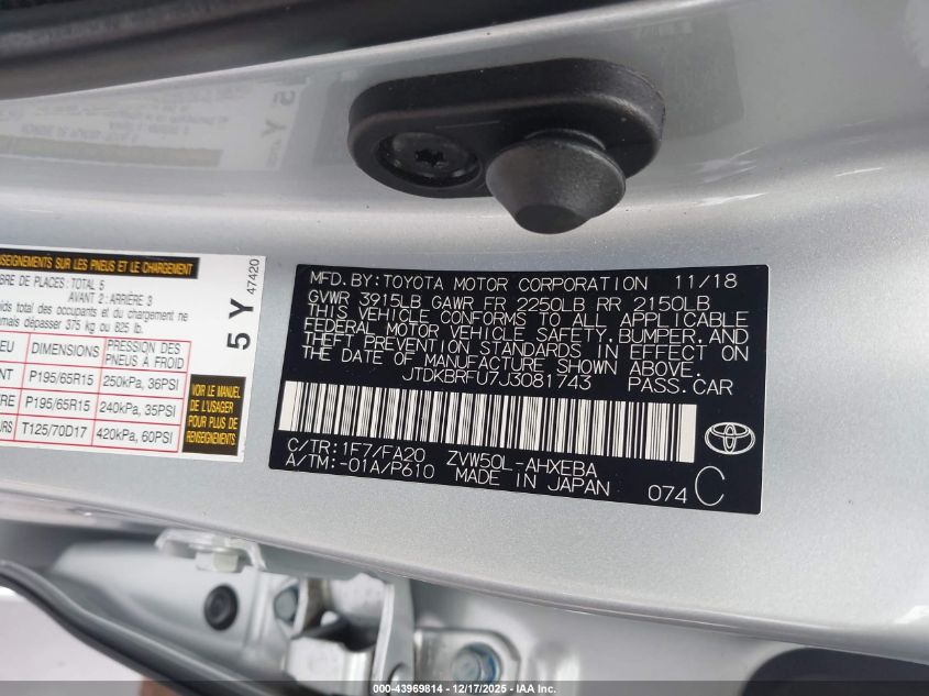 2018 Toyota Prius Four/Four Touring/One/Three/Three Touring/Two/Two Eco VIN: JTDKBRFU7J3081743 Lot: 43969814