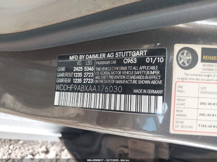 2010 Mercedes-Benz E 550 4Matic VIN: WDDHF9ABXAA176030 Lot: 43969817