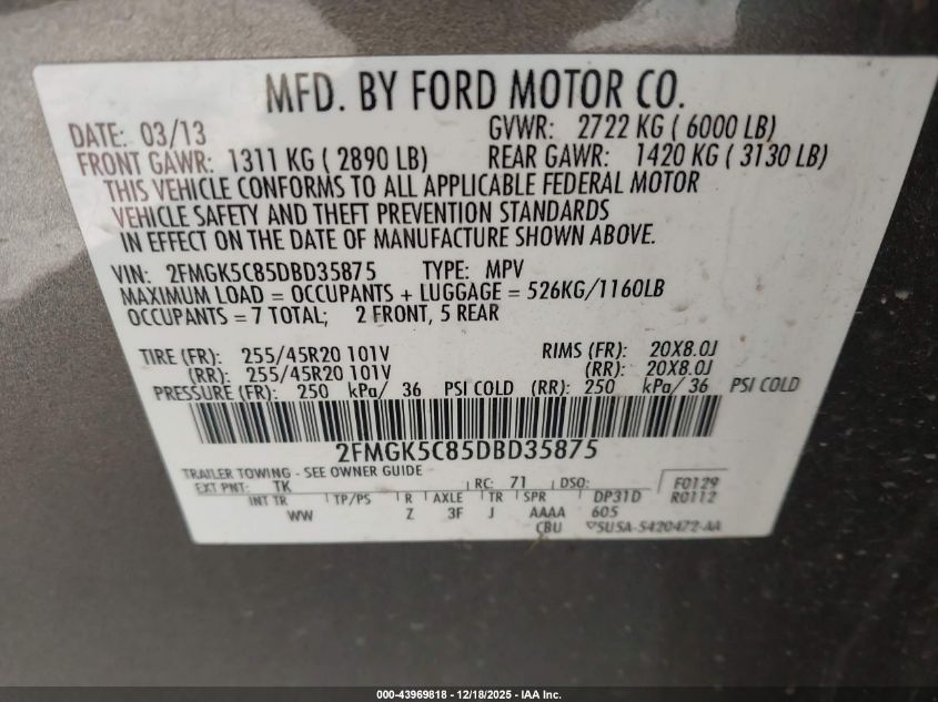 2013 Ford Flex Sel VIN: 2FMGK5C85DBD35875 Lot: 43969818