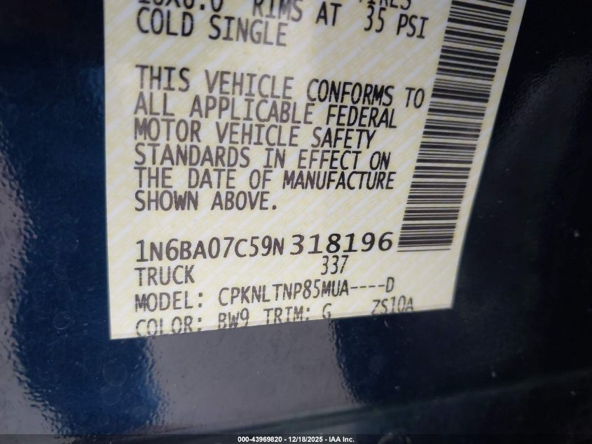 2009 Nissan Titan Se VIN: 1N6BA07C59N318196 Lot: 43969820