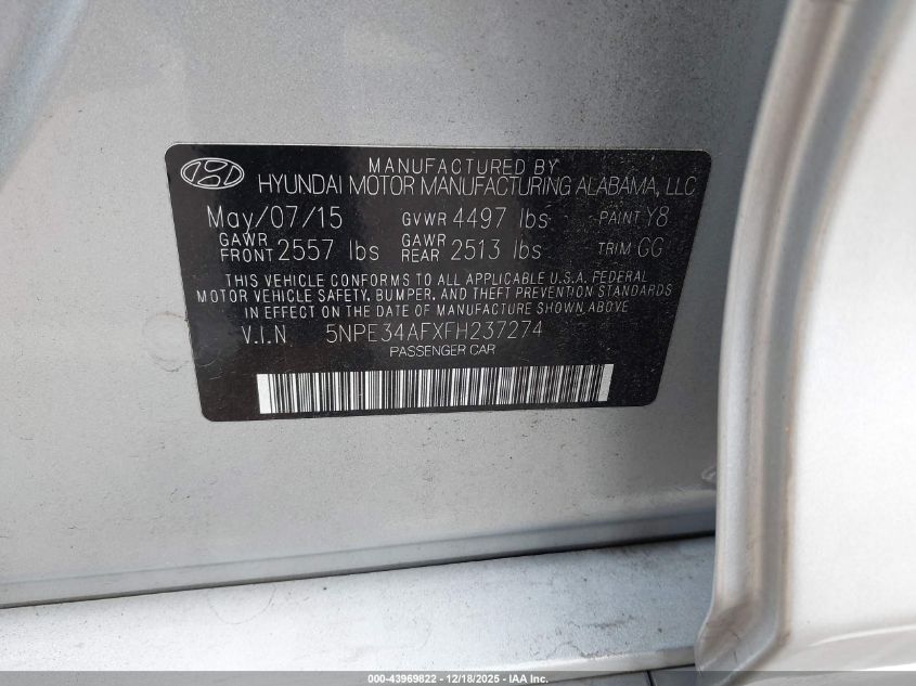 2015 Hyundai Sonata Limited VIN: 5NPE34AFXFH237274 Lot: 43969822