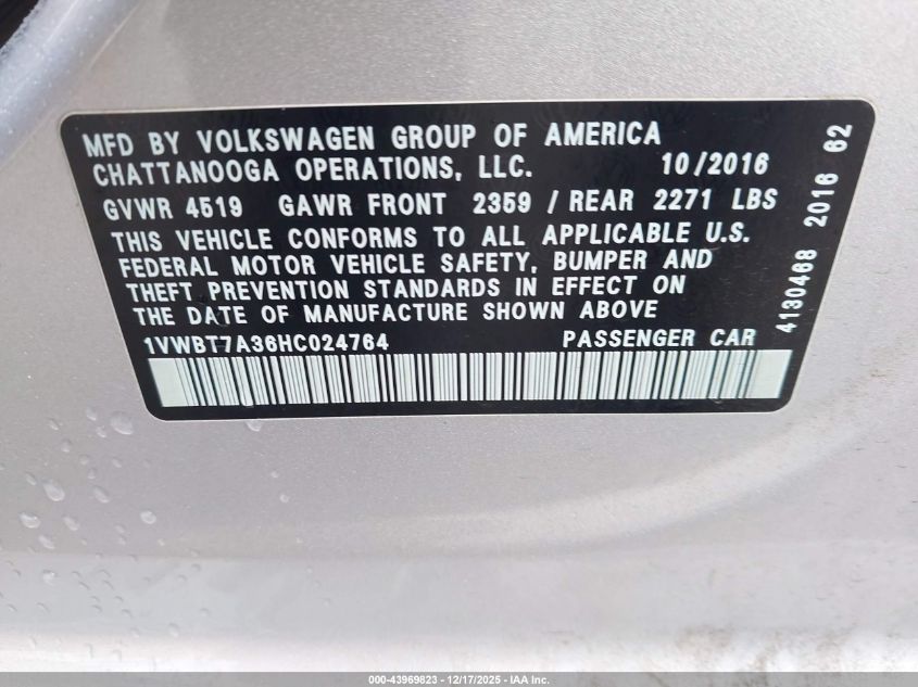 2017 Volkswagen Passat 1.8T Se VIN: 1VWBT7A36HC024764 Lot: 43969823