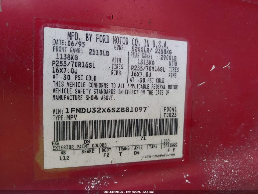 1995 Ford Explorer VIN: 1FMDU32X6SZB81097 Lot: 43969826