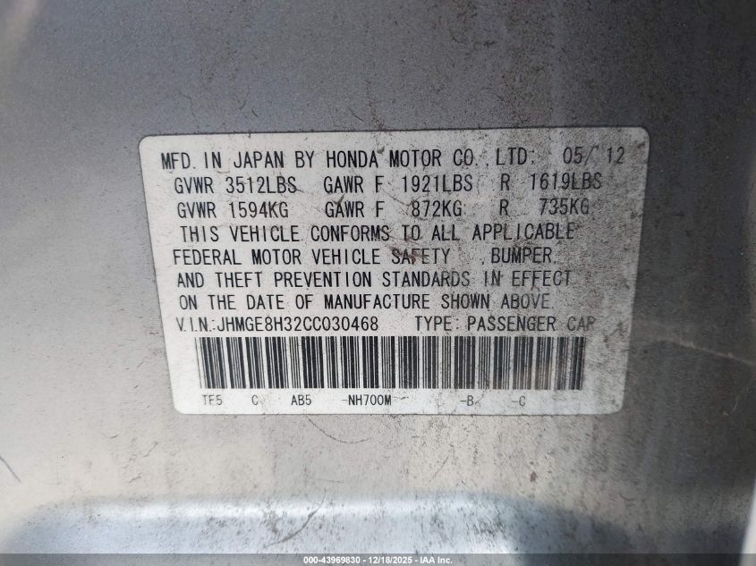 2012 Honda Fit VIN: JHMGE8H32CC030468 Lot: 43969830