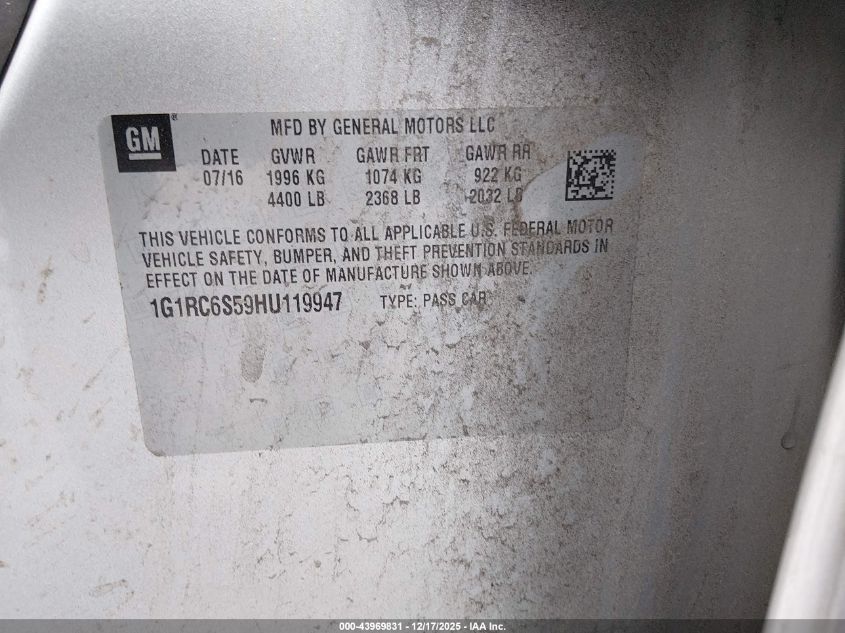 2017 Chevrolet Volt Lt VIN: 1G1RC6S59HU119947 Lot: 43969831