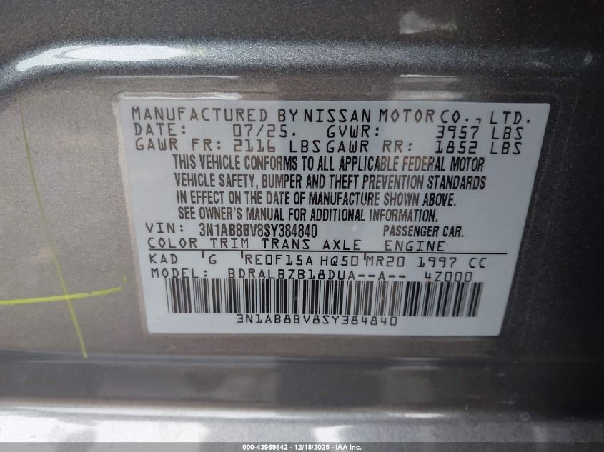 2025 Nissan Sentra S VIN: 3N1AB8BV8SY384840 Lot: 43969842